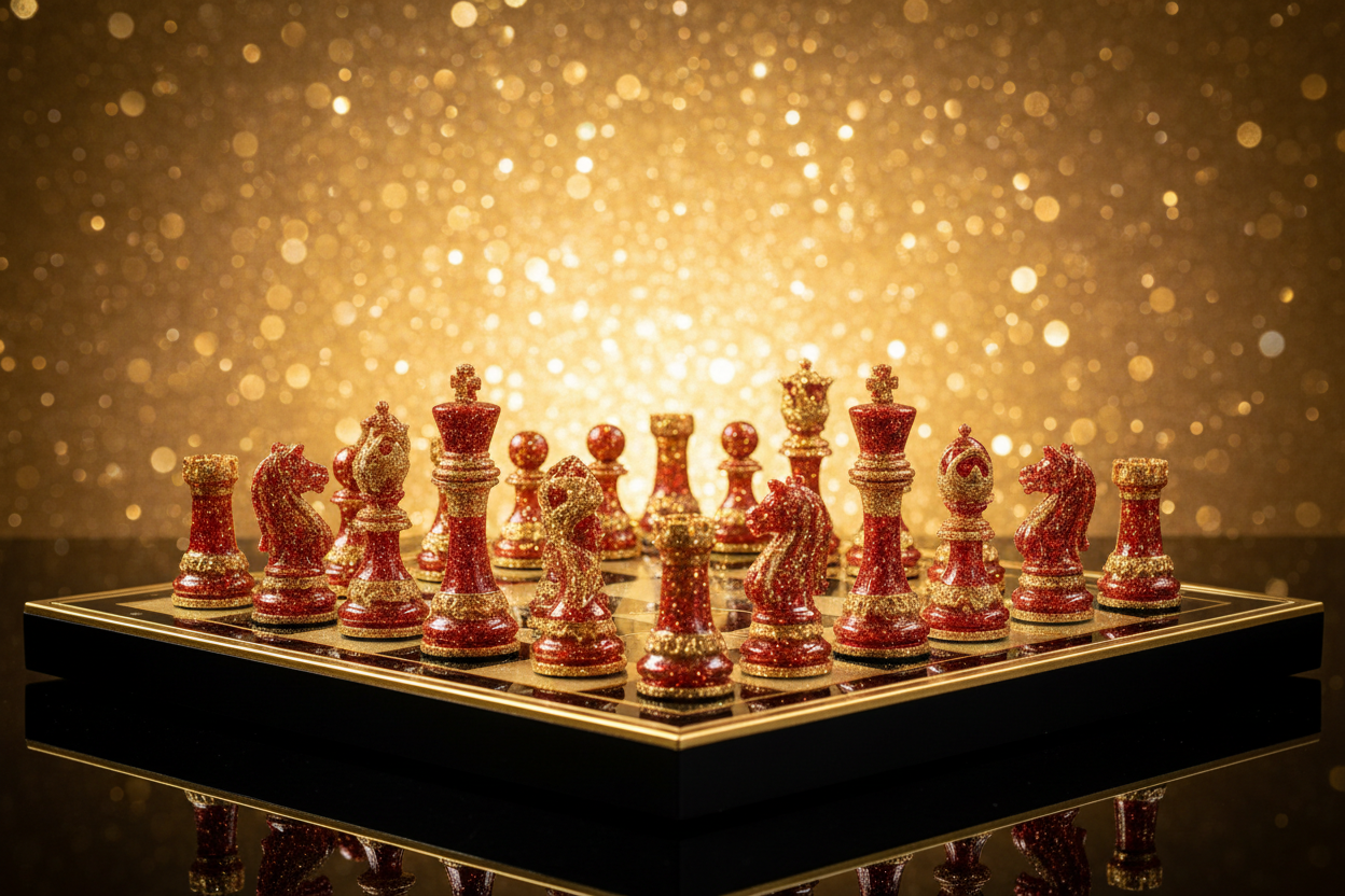 Red and gold glitter chess set