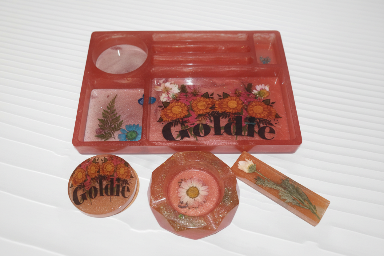 Fully customized resin tray set with flowers glitter and name