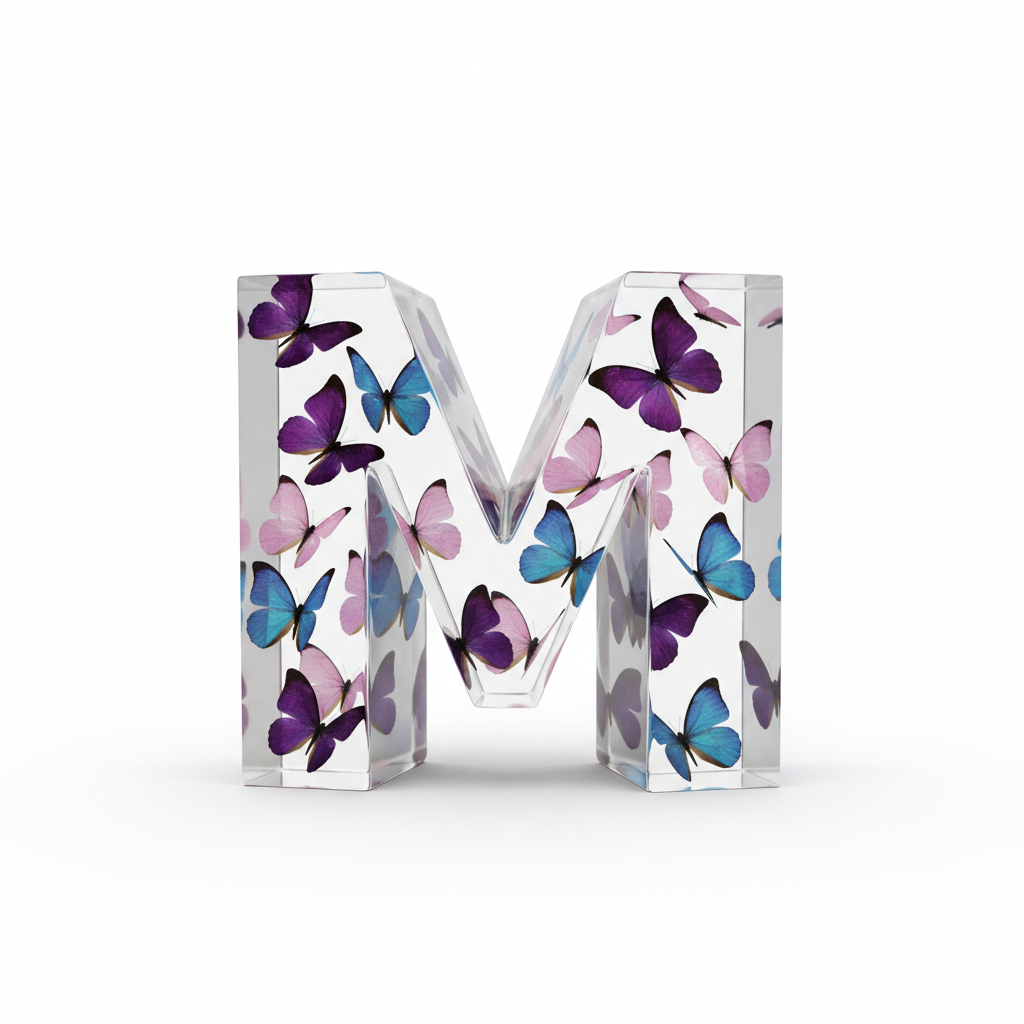 Butterfly resin letter M - colorful butterflies encased in glossy clear resin