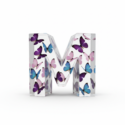 Butterfly resin letter M - colorful butterflies encased in glossy clear resin